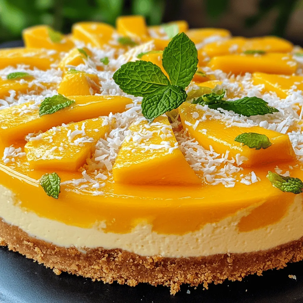 To make a tropical mango cheesecake, you need key ingredients that create a rich flavor. First, mango is the star of this dessert. It adds a sweet and fruity taste that shines through. I use pureed ripe mango, about two medium mangoes. This provides the bright mango flavor that makes this cheesecake special.