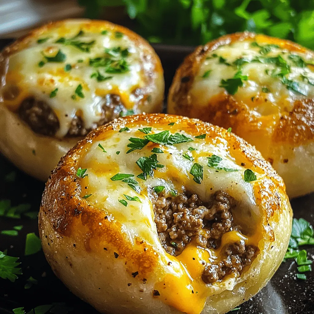 To make easy garlic parmesan cheeseburger bombs, gather your key ingredients. You will need one pound of ground beef, one cup of shredded cheddar cheese, and half a cup of grated Parmesan cheese. Also, have one tablespoon of minced garlic, one teaspoon of garlic powder, one teaspoon of onion powder, and salt and pepper ready. Don’t forget one can of refrigerated biscuit dough and some melted butter for brushing.