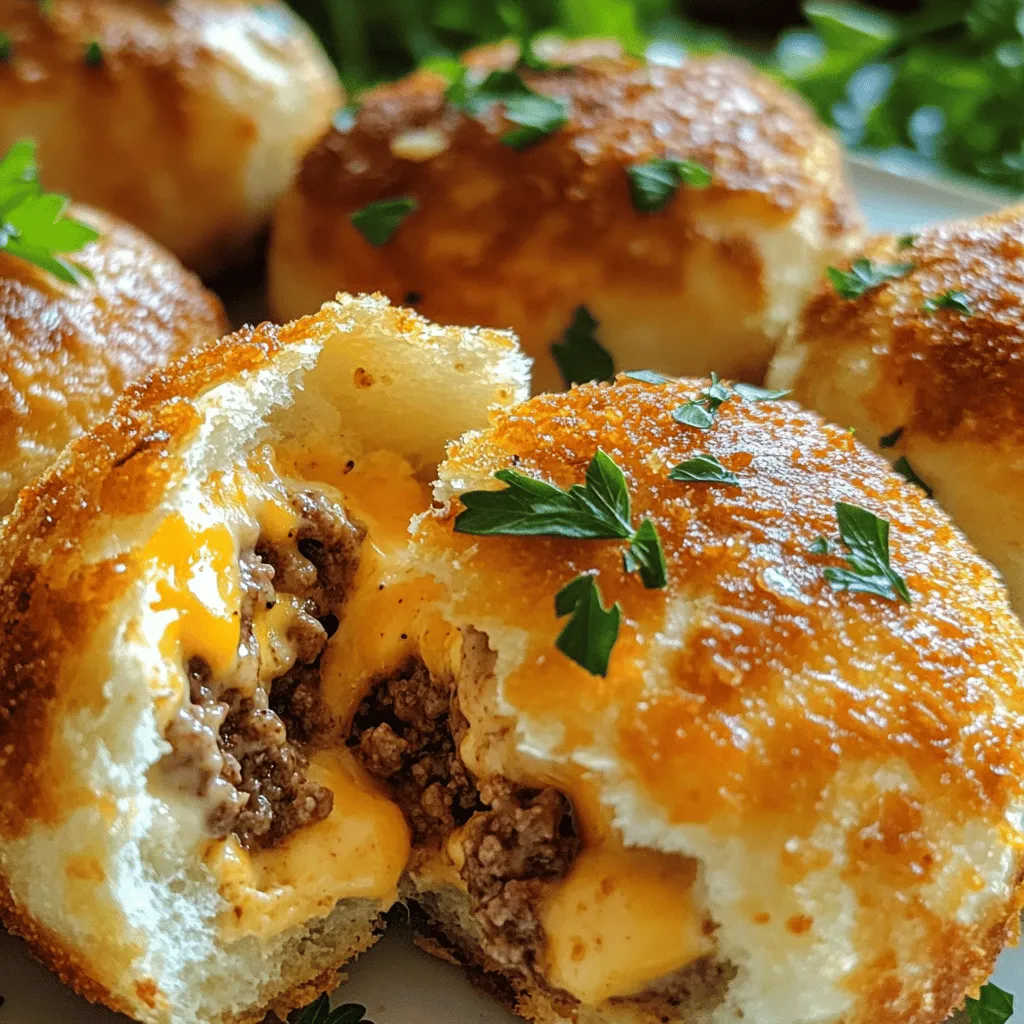 To make easy garlic parmesan cheeseburger bombs, gather your key ingredients. You will need one pound of ground beef, one cup of shredded cheddar cheese, and half a cup of grated Parmesan cheese. Also, have one tablespoon of minced garlic, one teaspoon of garlic powder, one teaspoon of onion powder, and salt and pepper ready. Don’t forget one can of refrigerated biscuit dough and some melted butter for brushing.