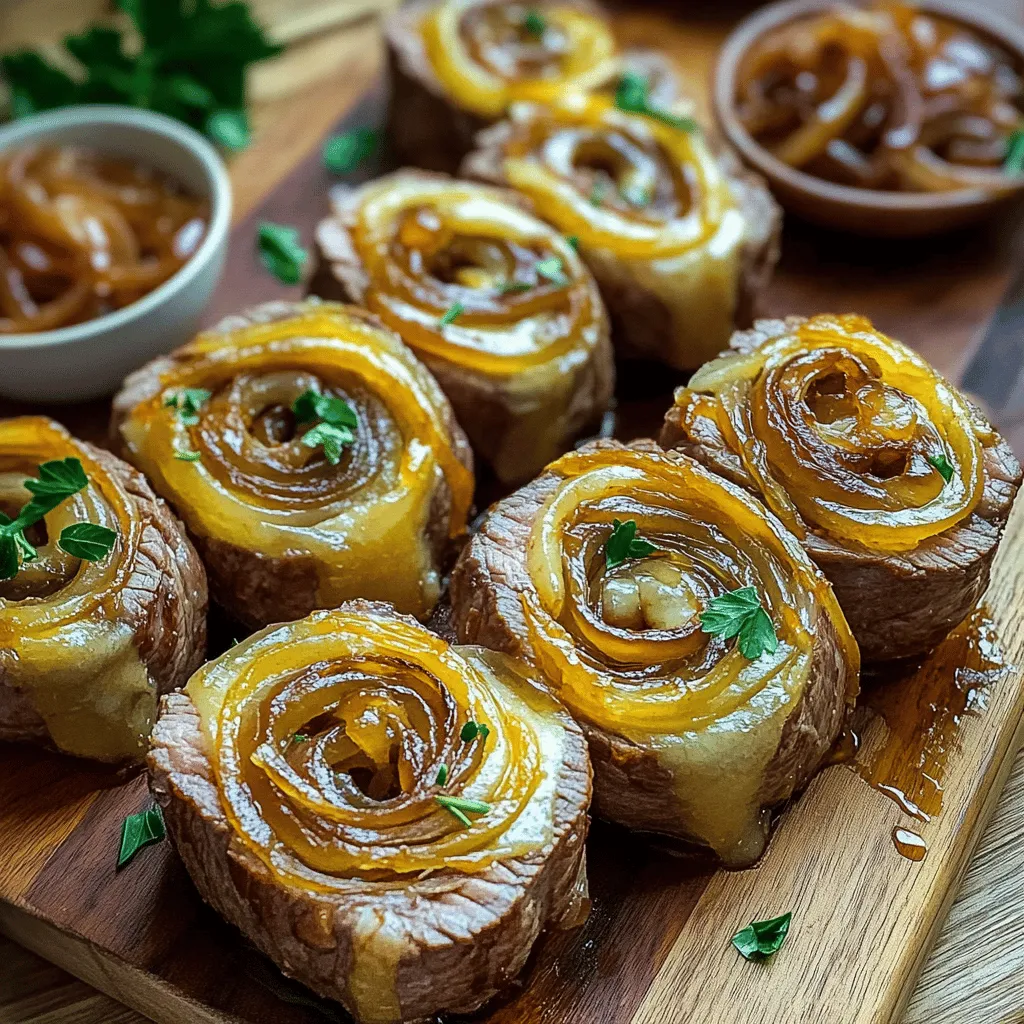 To create tasty French onion steak pinwheels, you need a few simple ingredients. Start with 1 pound of flank steak. This cut is thin and easy to roll. You will also need 2 large onions, sliced thin. They will caramelize well and add sweetness.