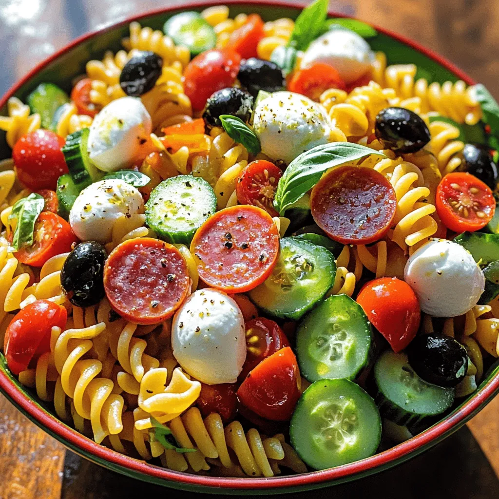 The best Italian pasta salad starts with a few key ingredients. First, you need pasta. I suggest rotini for its fun shape, which holds the dressing well. Next, add fresh vegetables. Cherry tomatoes and cucumbers bring bright colors and crunch. They also add vitamins and flavor.