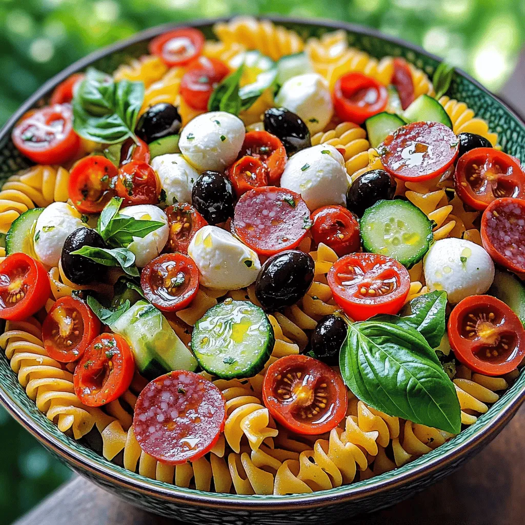 The best Italian pasta salad starts with a few key ingredients. First, you need pasta. I suggest rotini for its fun shape, which holds the dressing well. Next, add fresh vegetables. Cherry tomatoes and cucumbers bring bright colors and crunch. They also add vitamins and flavor.