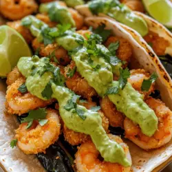 Crispy Shrimp & Poblano Tacos with Avocado Cilantro Sauce