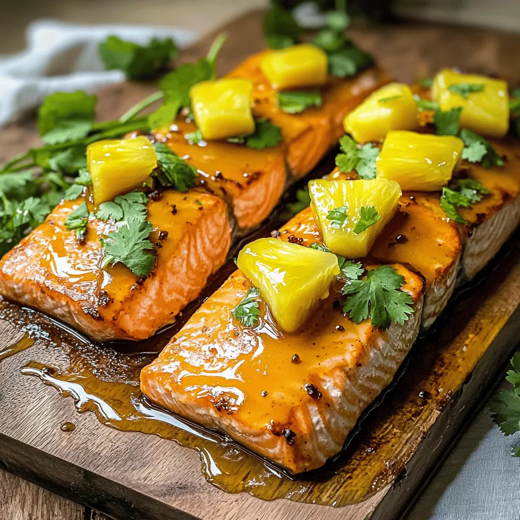 To make honey pineapple salmon, you need fresh, simple ingredients. The main stars are salmon fillets, honey, and fresh pineapple.