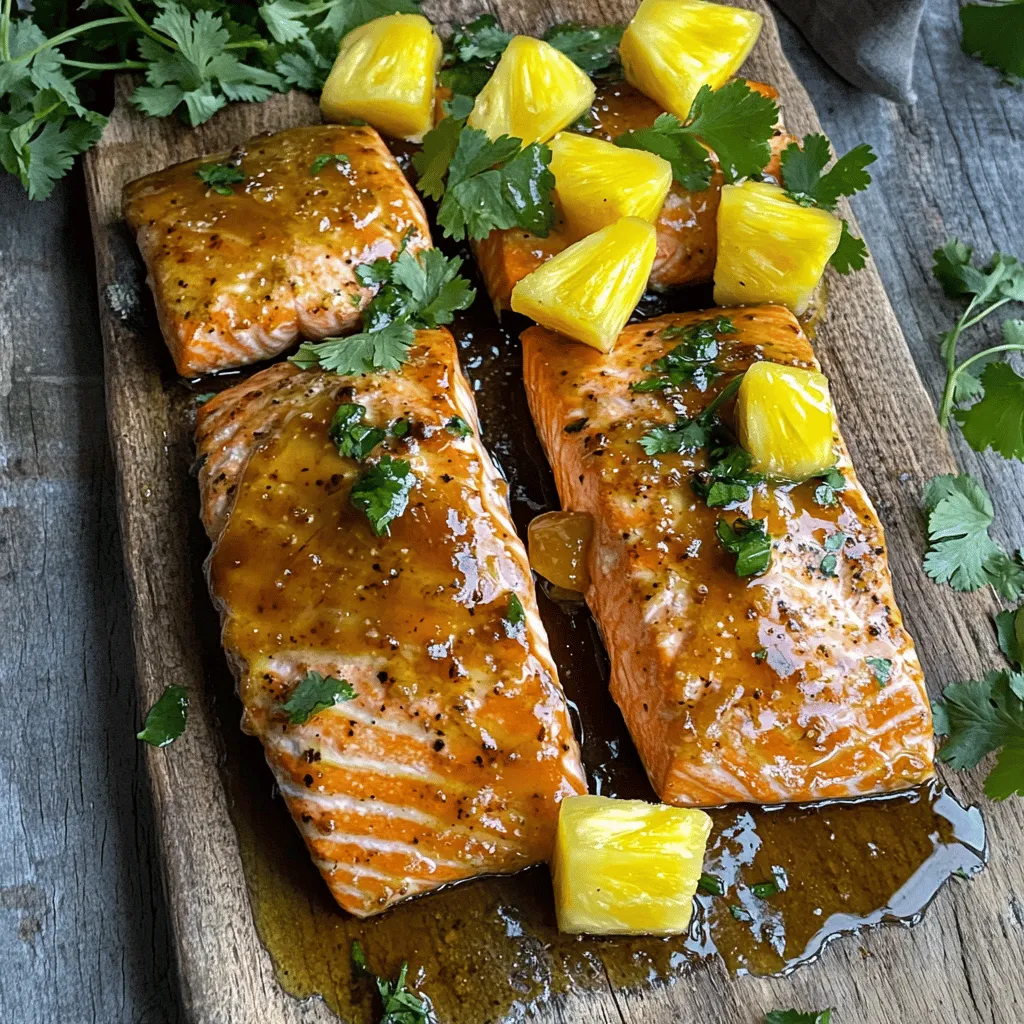 To make honey pineapple salmon, you need fresh, simple ingredients. The main stars are salmon fillets, honey, and fresh pineapple.