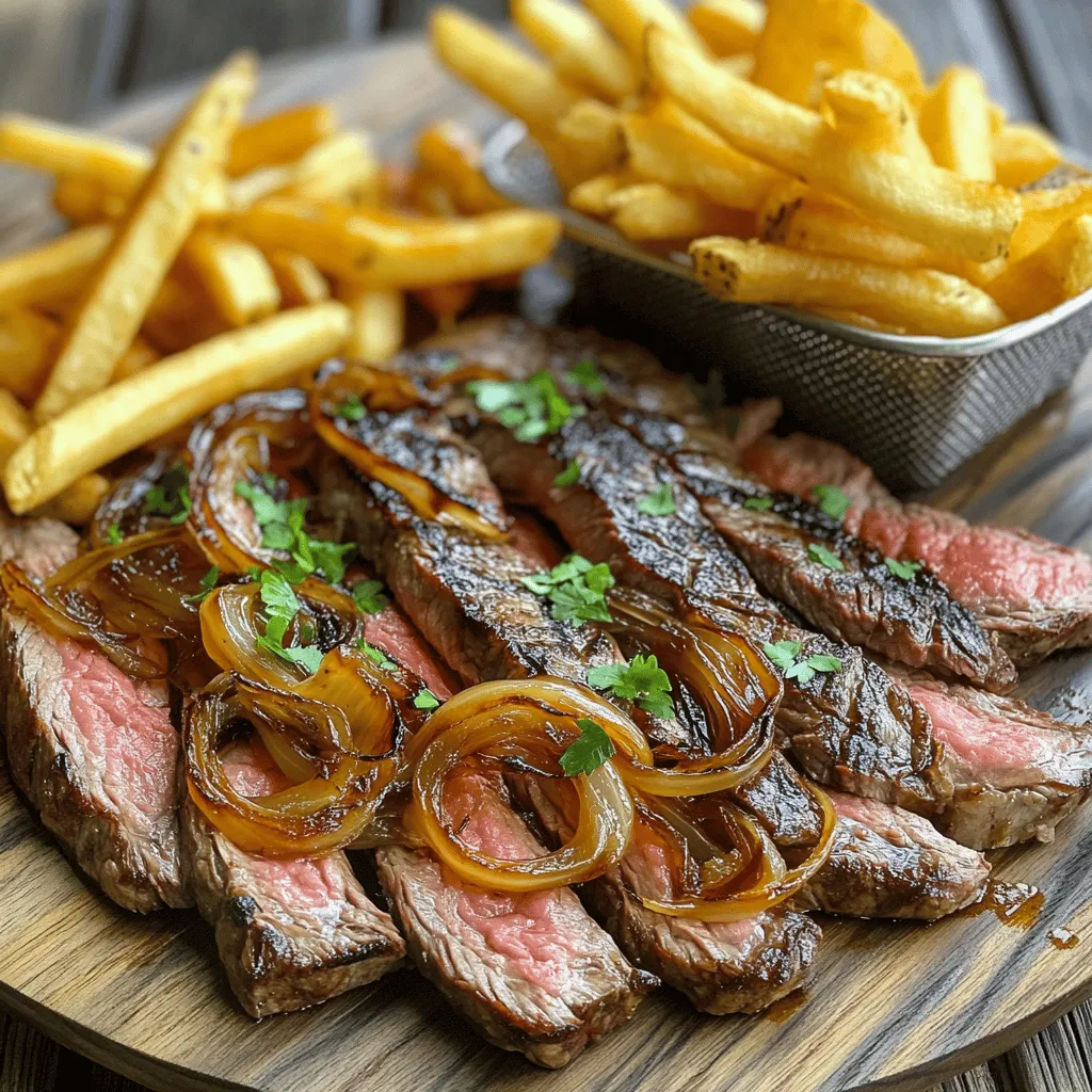 To make a great ribeye steak with French onions and French fries, you need a few simple ingredients. First, use two ribeye steaks, about one inch thick. These steaks are juicy and full of flavor.