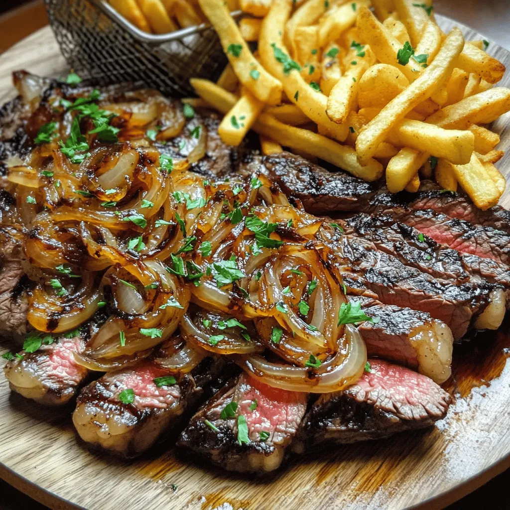 To make a great ribeye steak with French onions and French fries, you need a few simple ingredients. First, use two ribeye steaks, about one inch thick. These steaks are juicy and full of flavor.