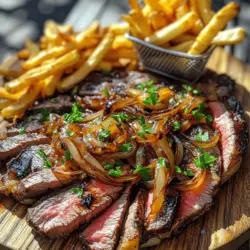 To make a great ribeye steak with French onions and French fries, you need a few simple ingredients. First, use two ribeye steaks, about one inch thick. These steaks are juicy and full of flavor.