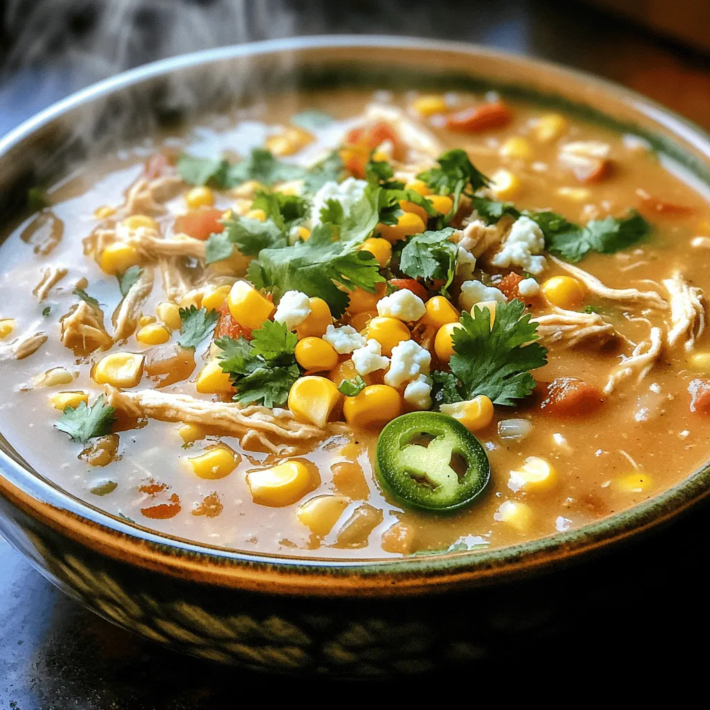 When I make Mexican street corn white chicken chili, I focus on fresh, tasty ingredients. Here are the key items you need for this dish.