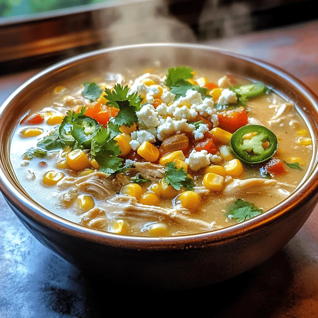 When I make Mexican street corn white chicken chili, I focus on fresh, tasty ingredients. Here are the key items you need for this dish.