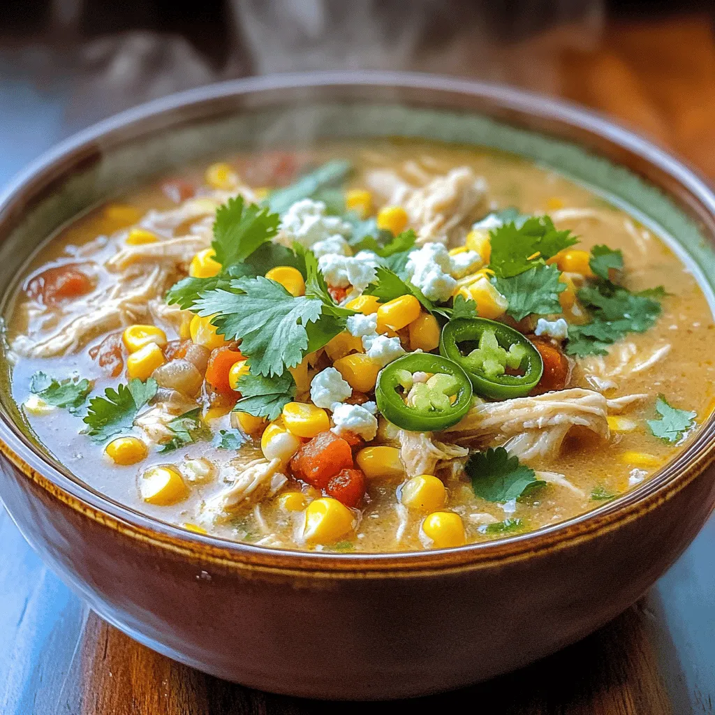 When I make Mexican street corn white chicken chili, I focus on fresh, tasty ingredients. Here are the key items you need for this dish.