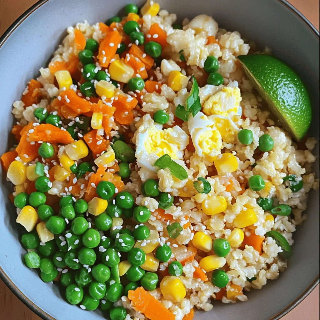 To make cauliflower fried rice, you need a few key ingredients. First, you will need <strong>one large head of cauliflower</strong>. Grate it into rice-sized pieces. This is your low-carb rice substitute. Next, gather <strong>two tablespoons of sesame oil</strong> for flavor.” /></p>
</p>
<h2>What Are the Step-by-Step Instructions for Making Cauliflower Fried Rice?</h2>
</p>
<p>To make cauliflower fried rice, you follow simple steps. First, grate the cauliflower. You can use a food processor or a box grater. This makes it rice-sized. Next, heat sesame oil in a large skillet over medium heat.</p>
</p>
<h3>How do you sauté the vegetables and cauliflower rice together?</h3>
</p>
<p>Add chopped onion to the skillet first. Sauté it for about 3-4 minutes until it turns soft. Then, add minced garlic and ginger if you like. Cook for just 1 minute. After that, toss in your mixed vegetables. Stir and cook for 3-5 minutes until they heat through.</p>
</p>
<h3>What is the correct cooking temperature for cauliflower fried rice?</h3>
</p>
<p>You want to cook at medium heat. This keeps the veggies from burning. It also helps the cauliflower cook evenly. Stir often to avoid sticking. This way, your dish stays flavorful and bright.</p>
</p>
<h3>How do you ensure the dish is seasoned perfectly?</h3>
</p>
<p>Seasoning is key! When you add the grated cauliflower, pour in soy sauce. This adds depth. Taste as you go. Adjust with salt and pepper to your liking. Finally, stir in chopped green onions just before serving. This gives a fresh finish.</p>
</p>
<p>For a detailed guide with all the steps, check the Full Recipe. Enjoy your delicious meal!</p>
</p>
<h2>What Are Some Delicious Variations of Cauliflower Fried Rice?</h2>
</p>
<p>You can make cauliflower fried rice in many tasty ways. One fun option is to add protein. If you like meat, try adding chicken. Just cook diced chicken in the skillet before adding veggies. This will make your meal heartier. Another option is to use shrimp or beef. Both add great flavor and protein.</p>
</p>
<p>If you prefer a plant-based meal, consider vegan cauliflower fried rice. You can use tofu or chickpeas as your protein source. Just cube the tofu and fry it until golden. This gives a nice texture. For chickpeas, just add them with the veggies. They add a nice bite and are filling.</p>
</p>
<p>For a spicy kick, make a spicy version of cauliflower fried rice. You can add chili sauce or sriracha to the dish. Mix it in with the soy sauce for a great heat. You can also toss in sliced jalapeños for extra spice. This will wake up your taste buds!</p>
</p>
<p>Each of these variations keeps the dish low-carb while being full of flavors. You can find more ideas in the Full Recipe section. Experiment with what you have at home. The options are endless!</p>
</p>
<p><img decoding=