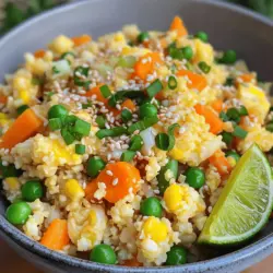 To make cauliflower fried rice, you need a few key ingredients. First, you will need one large head of cauliflower. Grate it into rice-sized pieces. This is your low-carb rice substitute. Next, gather two tablespoons of sesame oil for flavor.