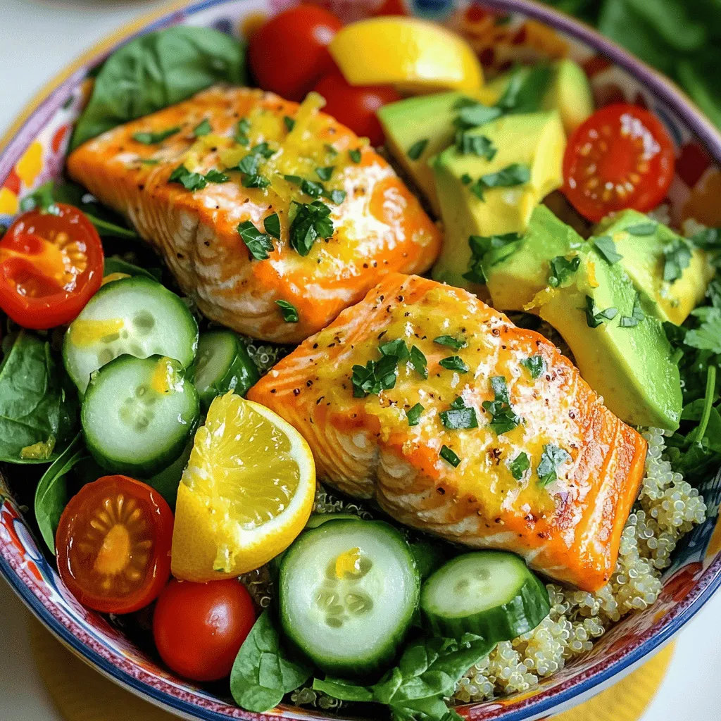 The epic garlic-lemon salmon power bowl shines with fresh, bright ingredients. First, you need salmon fillets. Salmon is a great protein choice. It is rich in omega-3 fatty acids, making it a healthy option.