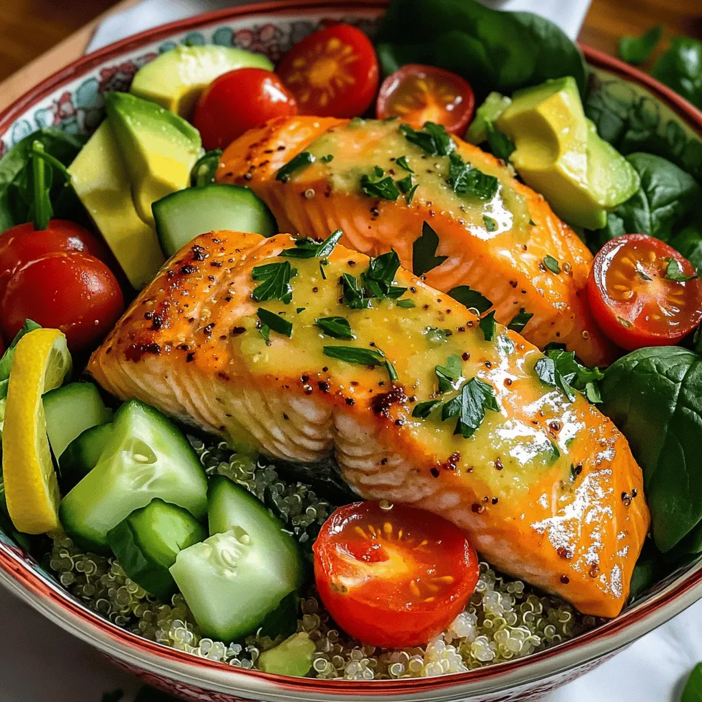 The epic garlic-lemon salmon power bowl shines with fresh, bright ingredients. First, you need salmon fillets. Salmon is a great protein choice. It is rich in omega-3 fatty acids, making it a healthy option.