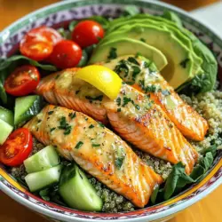 The epic garlic-lemon salmon power bowl shines with fresh, bright ingredients. First, you need salmon fillets. Salmon is a great protein choice. It is rich in omega-3 fatty acids, making it a healthy option.