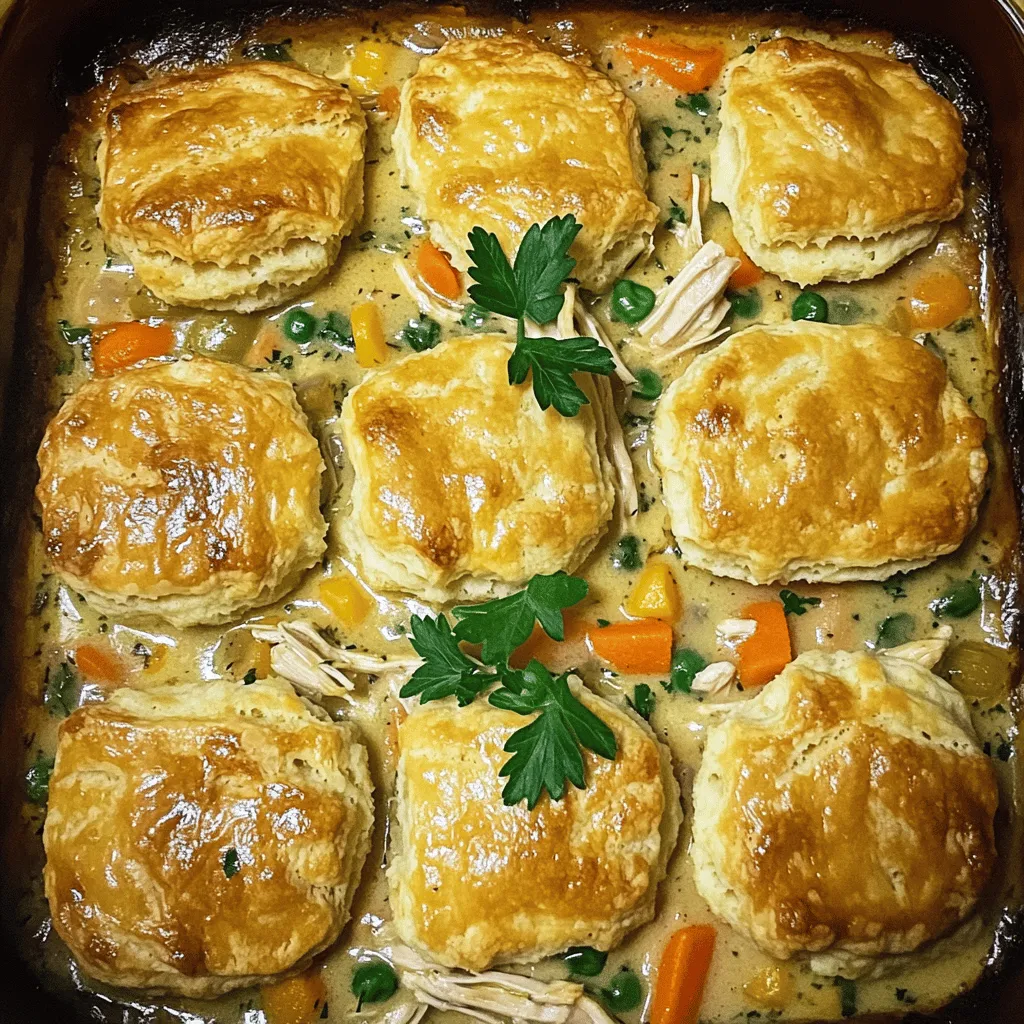 To make an easy chicken pot pie casserole, you need a few simple ingredients. The main star is 2 cups of cooked chicken, shredded into bite-sized pieces. You also need 1 cup of frozen mixed vegetables, like peas, carrots, and corn. A small onion, diced, and 2 cloves of garlic, minced, add great flavor. Don't forget 1 can of cream of chicken soup and 1 cup of chicken broth for a rich base. Season the mix with 1 teaspoon each of dried thyme and rosemary. Finally, you'll need salt, pepper, a cup of biscuit mix, and ½ cup of milk. Top it off with 1 cup of shredded cheddar cheese for a cheesy finish. These easy chicken pot pie ingredients come together to make a comforting dish.