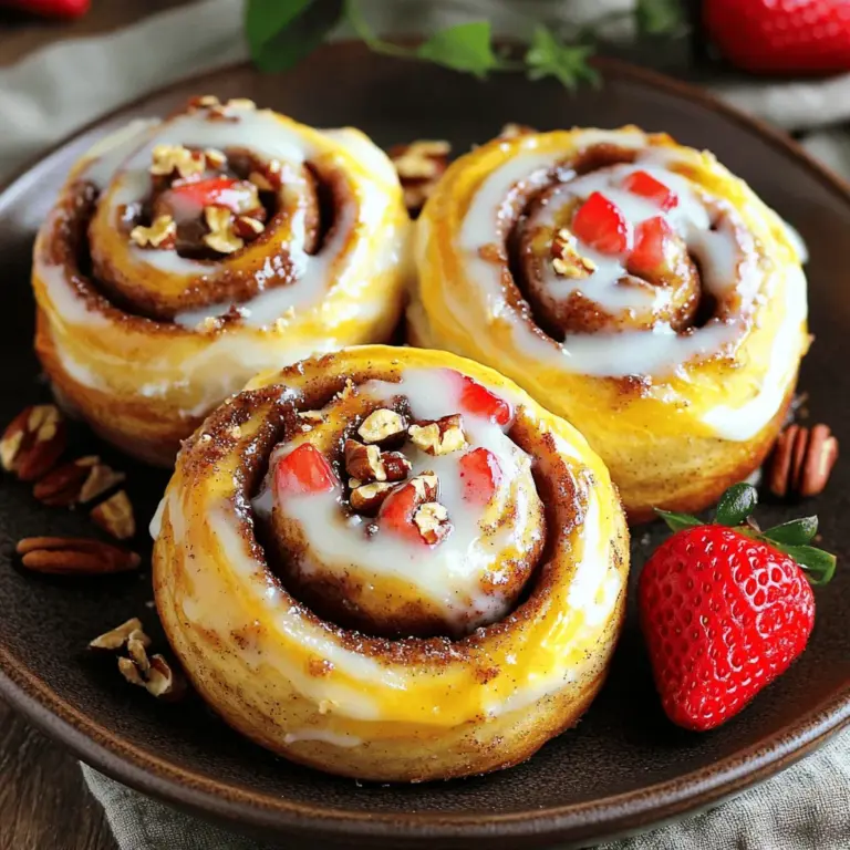 To make strawberry cheesecake cinnamon rolls with pecans, you need several key ingredients. First, let’s focus on the dough. The dough requires 2 ½ cups of all-purpose flour, ¼ cup of granulated sugar, 1 packet of active dry yeast, ½ teaspoon of salt, ½ cup of warmed whole milk, ¼ cup of melted unsalted butter, and 1 large egg.