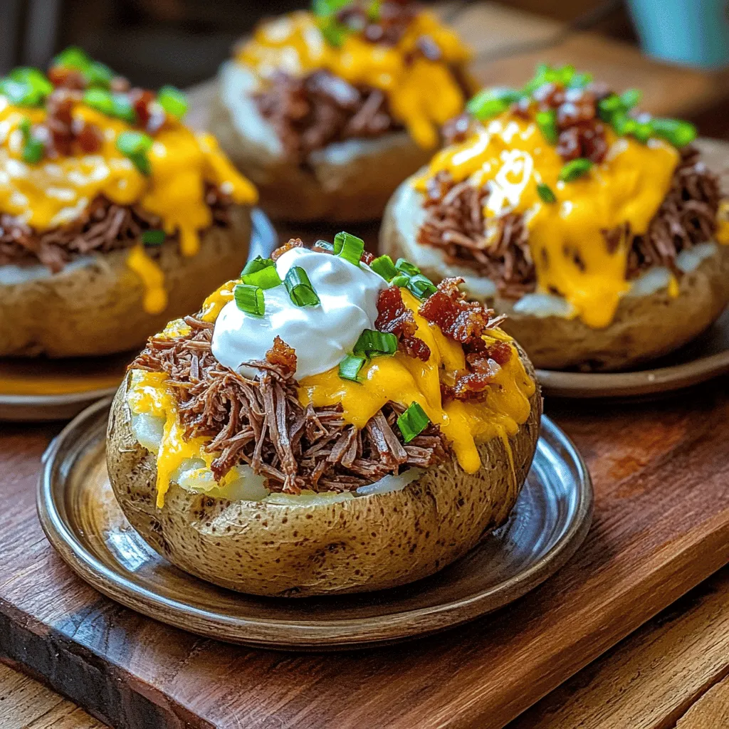 For a brisket baked potato, you need some key ingredients. The main star is the brisket. You want two cups of cooked brisket that is shredded. Russet potatoes work best because they are fluffy inside. You will also need some sharp cheddar cheese for that creamy goodness. Sour cream adds richness, while green onions give a fresh kick. Chopped bacon brings a tasty crunch.