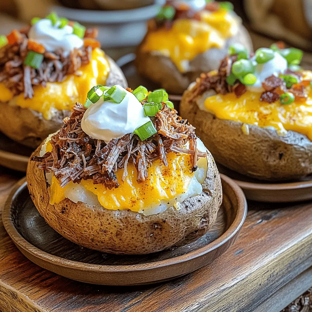 For a brisket baked potato, you need some key ingredients. The main star is the brisket. You want two cups of cooked brisket that is shredded. Russet potatoes work best because they are fluffy inside. You will also need some sharp cheddar cheese for that creamy goodness. Sour cream adds richness, while green onions give a fresh kick. Chopped bacon brings a tasty crunch.