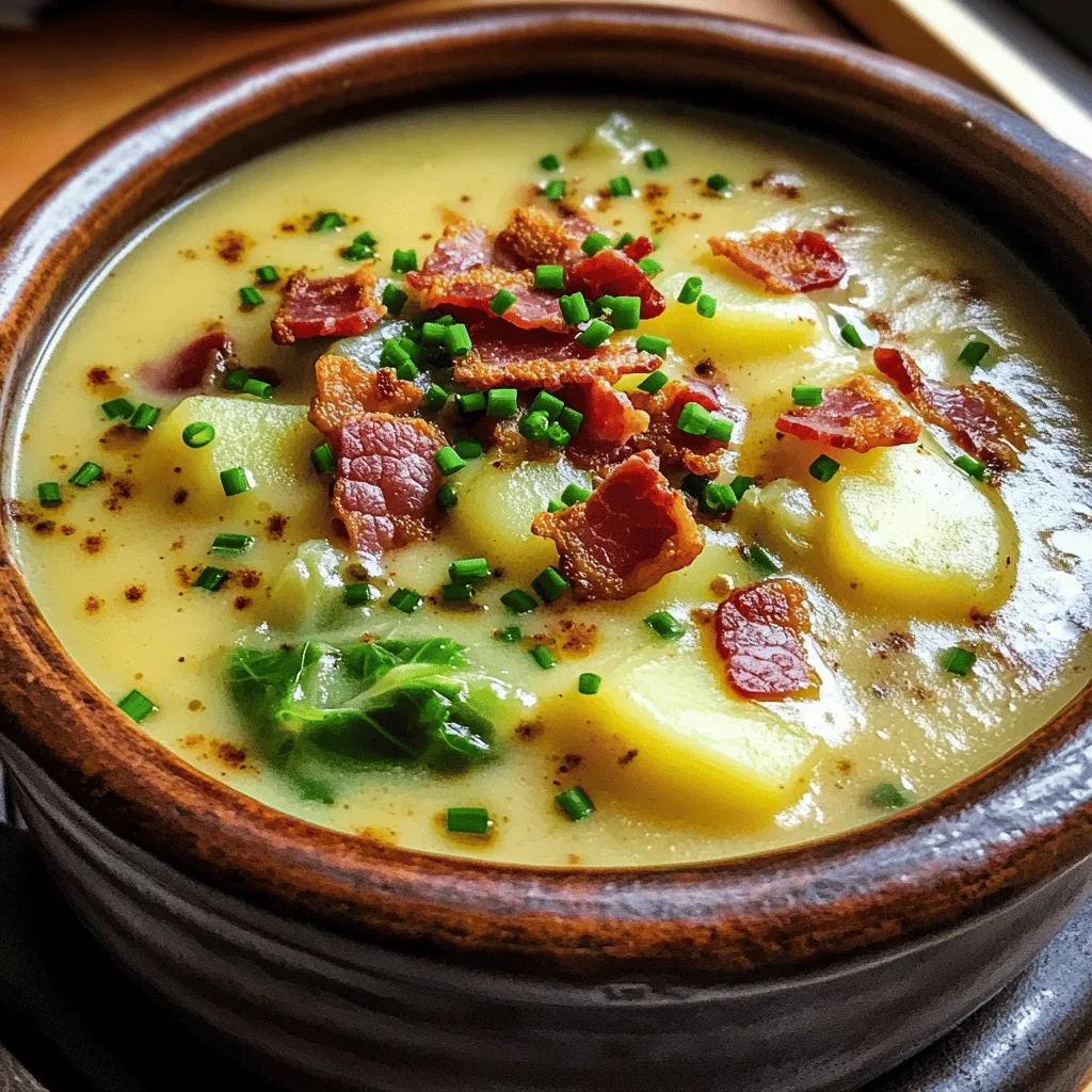 The key to a great Irish Bacon, Cabbage, and Potato Soup lies in its ingredients. First, you need six slices of Irish bacon. This bacon adds a savory flavor that sets the tone for the soup. The next important ingredient is the onion. One small onion, chopped, brings sweetness and depth to the dish. Garlic, two cloves minced, is a must for its aromatic qualities.