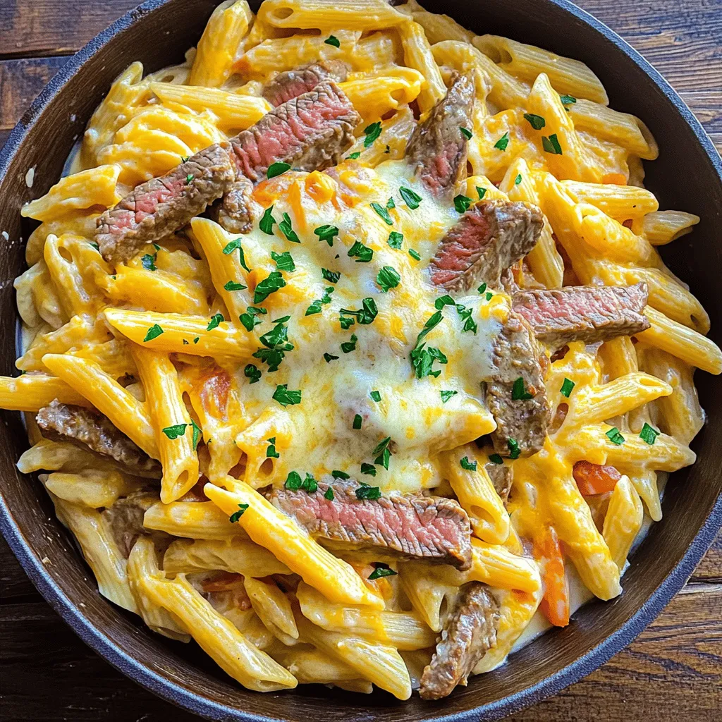 The One-Pot Philly Cheesesteak Pasta Skillet is all about simple, tasty ingredients. The main star is the sirloin steak. This beef choice brings a rich flavor and tender bite. I recommend using thinly sliced sirloin. It cooks fast and absorbs the sauce well. For the best taste, buy fresh beef from a trusted source.