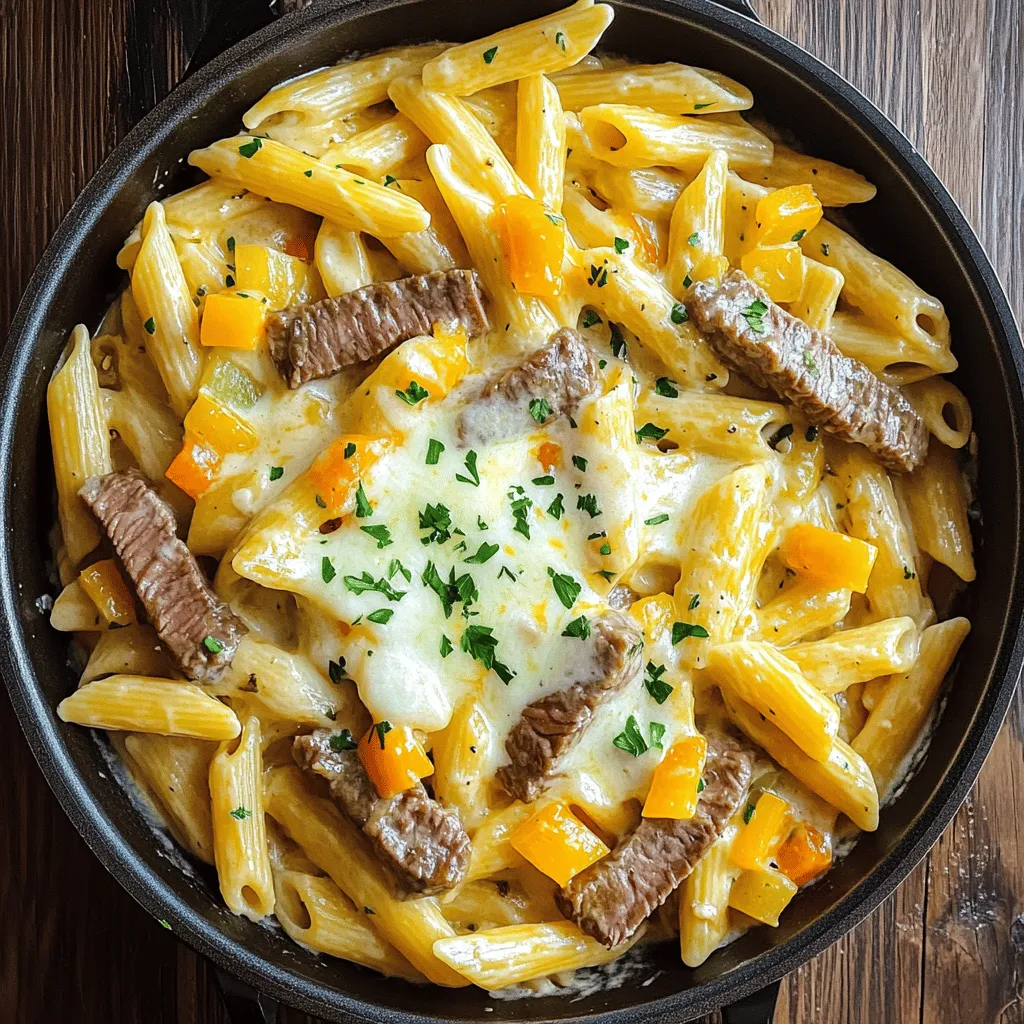 The One-Pot Philly Cheesesteak Pasta Skillet is all about simple, tasty ingredients. The main star is the sirloin steak. This beef choice brings a rich flavor and tender bite. I recommend using thinly sliced sirloin. It cooks fast and absorbs the sauce well. For the best taste, buy fresh beef from a trusted source.