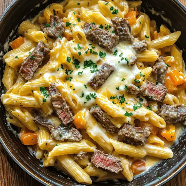 The One-Pot Philly Cheesesteak Pasta Skillet is all about simple, tasty ingredients. The main star is the sirloin steak. This beef choice brings a rich flavor and tender bite. I recommend using thinly sliced sirloin. It cooks fast and absorbs the sauce well. For the best taste, buy fresh beef from a trusted source.