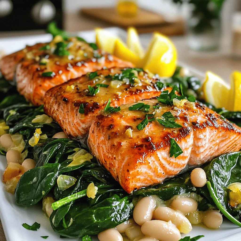 To make garlic butter salmon and lemon white beans, you need a few fresh ingredients. Start with four salmon fillets, each about six ounces. You will also need four tablespoons of butter, four cloves of garlic, and one teaspoon of fresh thyme. For the flavor boost, grab one lemon for zest and juice. Don’t forget a 15-ounce can of white beans, like cannellini or navy. Lastly, include two cups of baby spinach for a healthy touch.