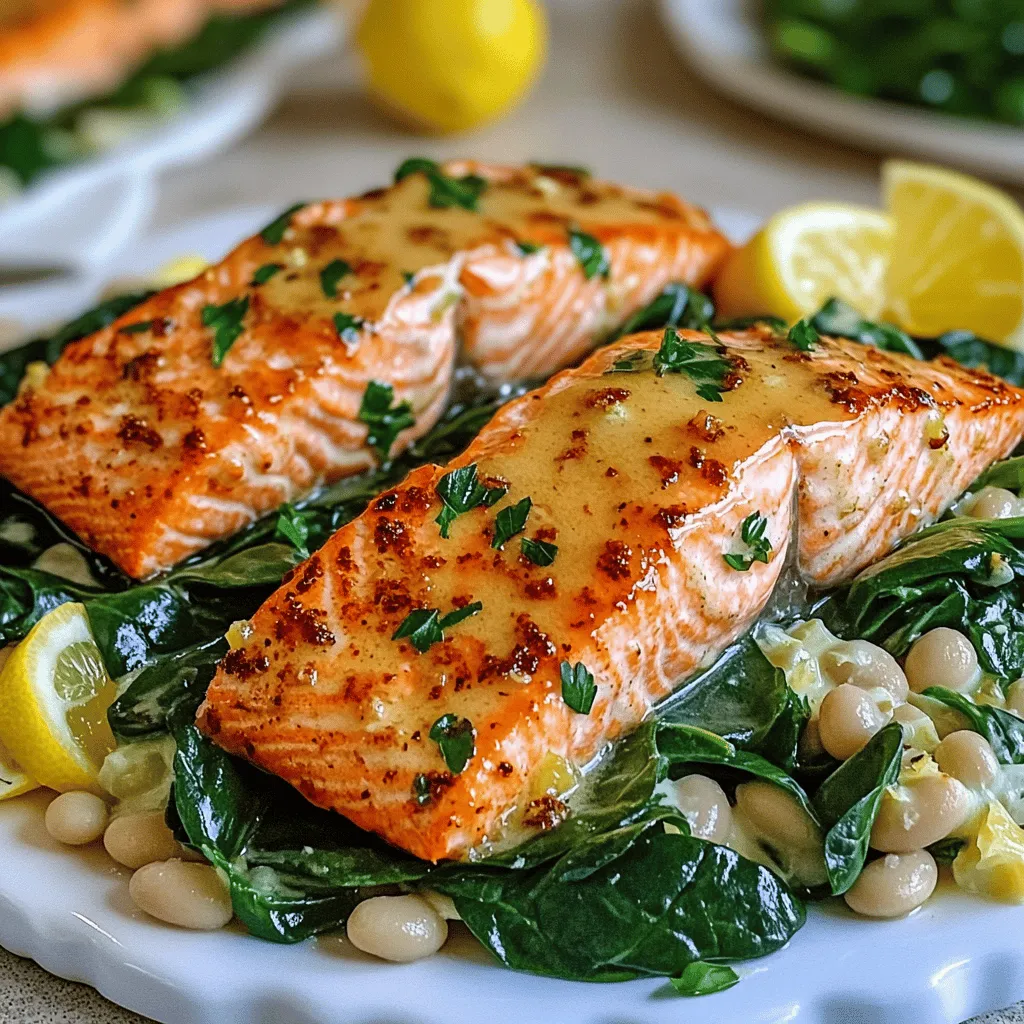 To make garlic butter salmon and lemon white beans, you need a few fresh ingredients. Start with four salmon fillets, each about six ounces. You will also need four tablespoons of butter, four cloves of garlic, and one teaspoon of fresh thyme. For the flavor boost, grab one lemon for zest and juice. Don’t forget a 15-ounce can of white beans, like cannellini or navy. Lastly, include two cups of baby spinach for a healthy touch.