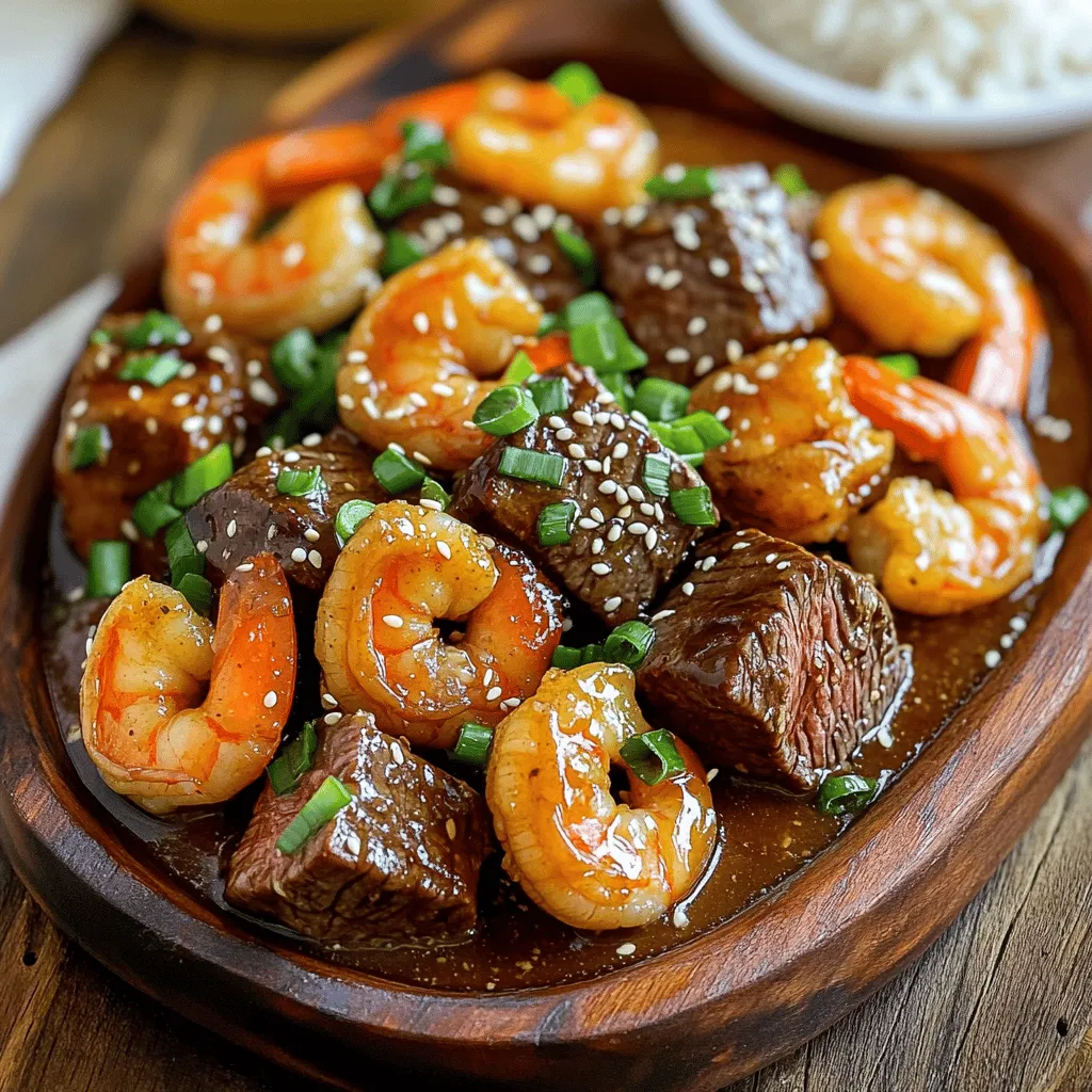 The key ingredients for savory steak bites and shrimp in garlic butter soy glaze create a delightful dish. For the steak bites, you need 1 pound of sirloin steak. Cut it into bite-sized cubes for easy cooking. The shrimp should be large and peeled, with 10 pieces recommended.