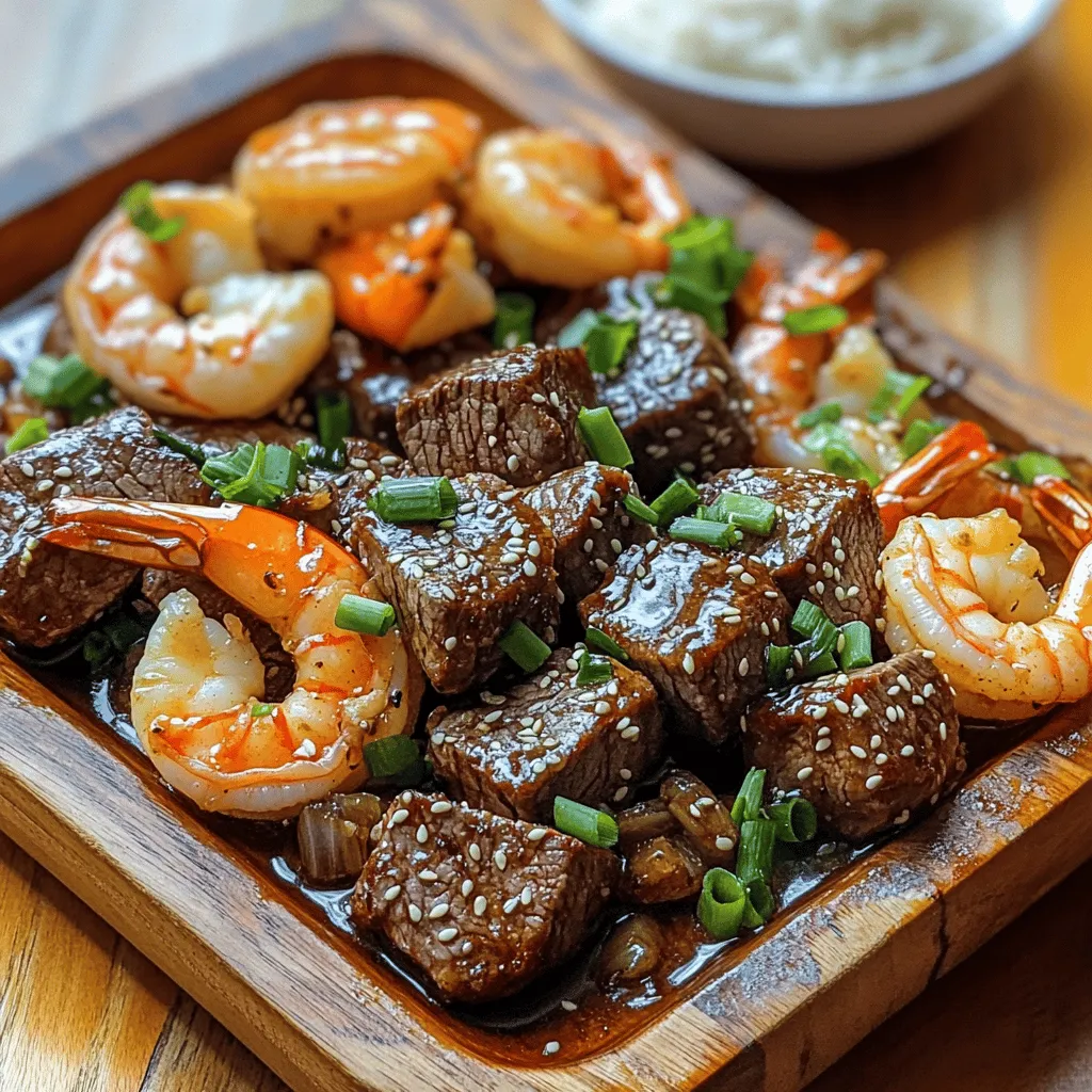 The key ingredients for savory steak bites and shrimp in garlic butter soy glaze create a delightful dish. For the steak bites, you need 1 pound of sirloin steak. Cut it into bite-sized cubes for easy cooking. The shrimp should be large and peeled, with 10 pieces recommended.