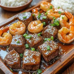 The key ingredients for savory steak bites and shrimp in garlic butter soy glaze create a delightful dish. For the steak bites, you need 1 pound of sirloin steak. Cut it into bite-sized cubes for easy cooking. The shrimp should be large and peeled, with 10 pieces recommended.