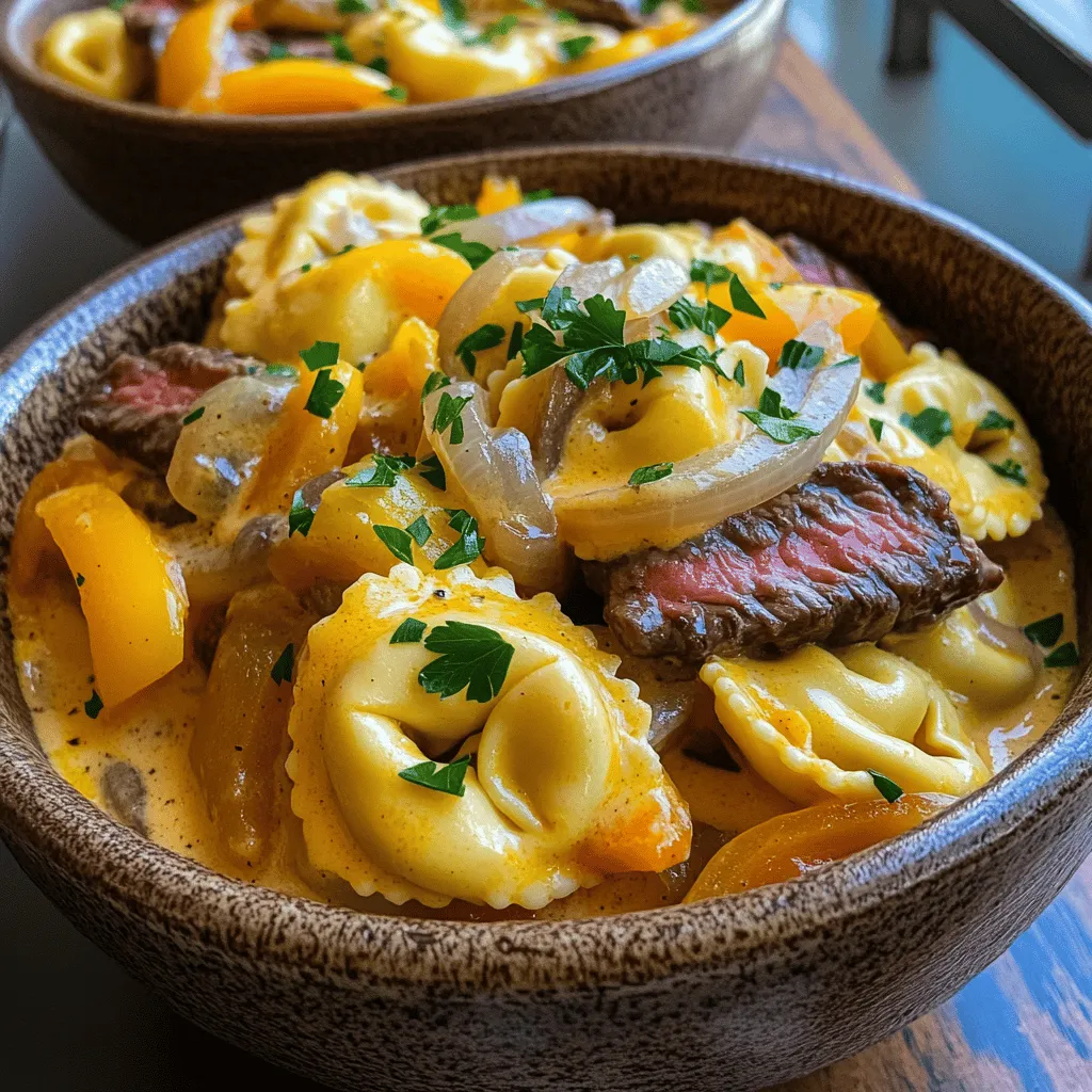 To make savory cheesesteak tortellini, you need a few key ingredients. First, the cheese tortellini is a must. I use a 9 oz package of fresh cheese tortellini. It brings a lovely texture and taste to the dish.