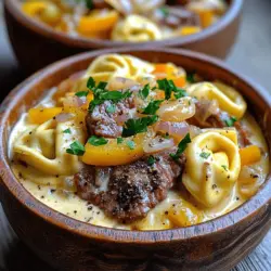 To make savory cheesesteak tortellini, you need a few key ingredients. First, the cheese tortellini is a must. I use a 9 oz package of fresh cheese tortellini. It brings a lovely texture and taste to the dish.