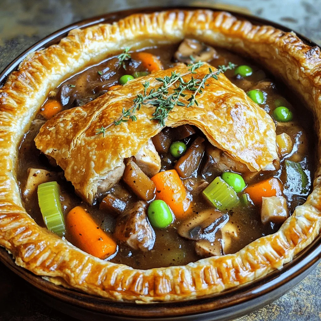 To make a Coq au Vin Pot Pie, you need simple yet flavorful ingredients. Start with four skinless, boneless chicken thighs. They provide a rich, tender taste. Next, gather two tablespoons of olive oil to sauté the chicken. You will also need one diced onion and two cloves of minced garlic for great flavor.