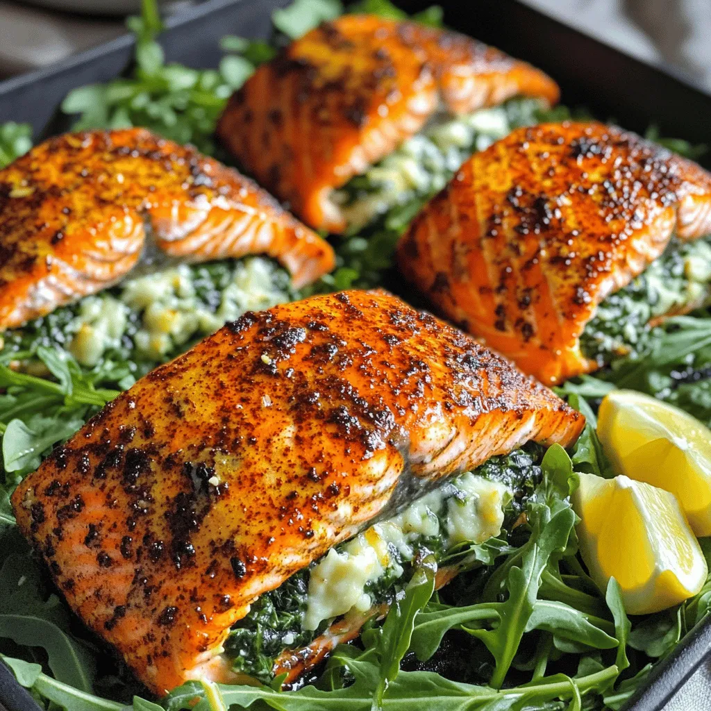 The blackened salmon recipe shines with a few key ingredients. First, you need four salmon fillets, each about six ounces. Salmon is rich in healthy fats and protein. For the stuffing, you will use two cups of fresh spinach and one cup of ricotta cheese. These create a tasty spinach and cheese filling. The Parmesan cheese adds depth of flavor and creaminess to the dish.