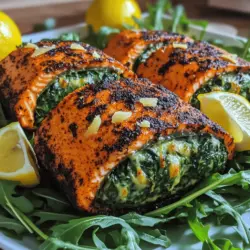 The blackened salmon recipe shines with a few key ingredients. First, you need four salmon fillets, each about six ounces. Salmon is rich in healthy fats and protein. For the stuffing, you will use two cups of fresh spinach and one cup of ricotta cheese. These create a tasty spinach and cheese filling. The Parmesan cheese adds depth of flavor and creaminess to the dish.