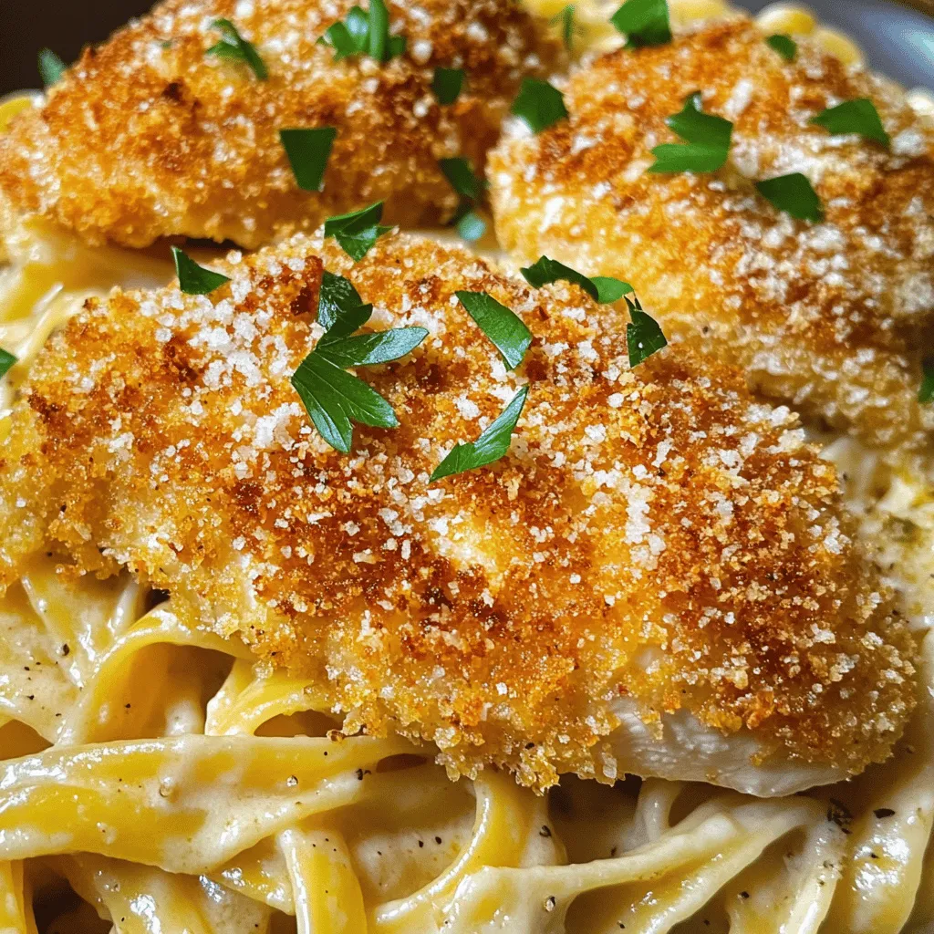 To make a tasty crispy chicken recipe with creamy pasta, you need a few key ingredients. First, let's talk about the chicken. You will need two boneless, skinless chicken breasts. These are the stars of our dish. For the crispy coating, use one cup of breadcrumbs. Panko breadcrumbs work best for that extra crunch. You will also need half a cup of all-purpose flour and two large eggs.