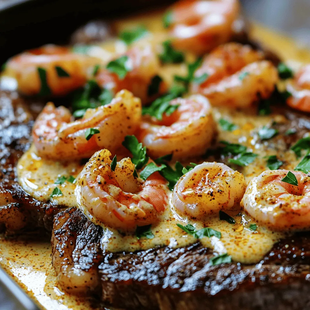 To make a steak and shrimp recipe that shines, you need key ingredients. First, use two ribeye steaks, about one inch thick. They give great flavor and tenderness. Season these steaks with salt and pepper. This simple step adds depth to your dish.