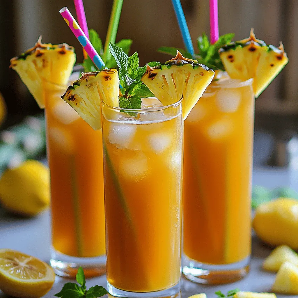 The main ingredients in this lemony pineapple iced tea recipe are simple and fresh. You need water, black tea, pineapple juice, and lemon juice. You also need honey or sugar to sweeten the drink. Fresh pineapple slices and lemon wedges make great garnishes. Mint leaves are optional for a refreshing touch.