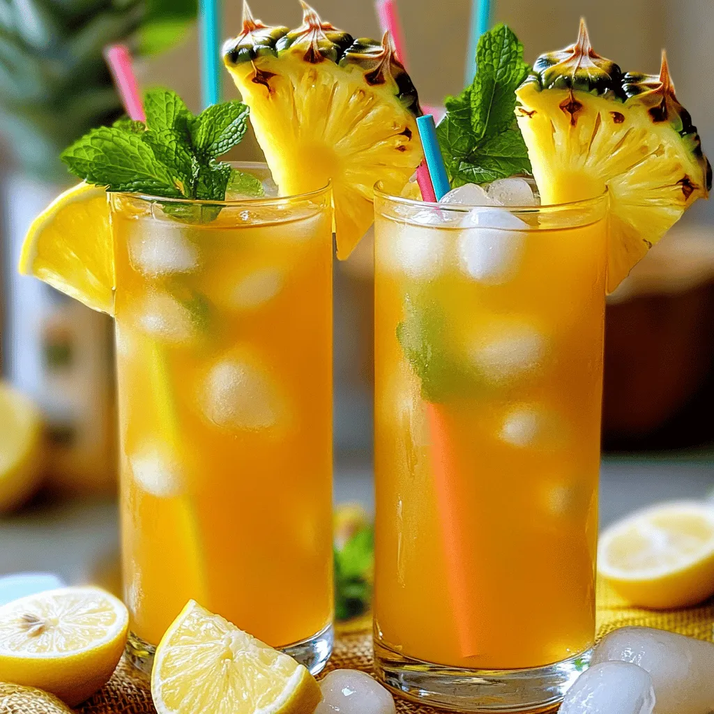The main ingredients in this lemony pineapple iced tea recipe are simple and fresh. You need water, black tea, pineapple juice, and lemon juice. You also need honey or sugar to sweeten the drink. Fresh pineapple slices and lemon wedges make great garnishes. Mint leaves are optional for a refreshing touch.