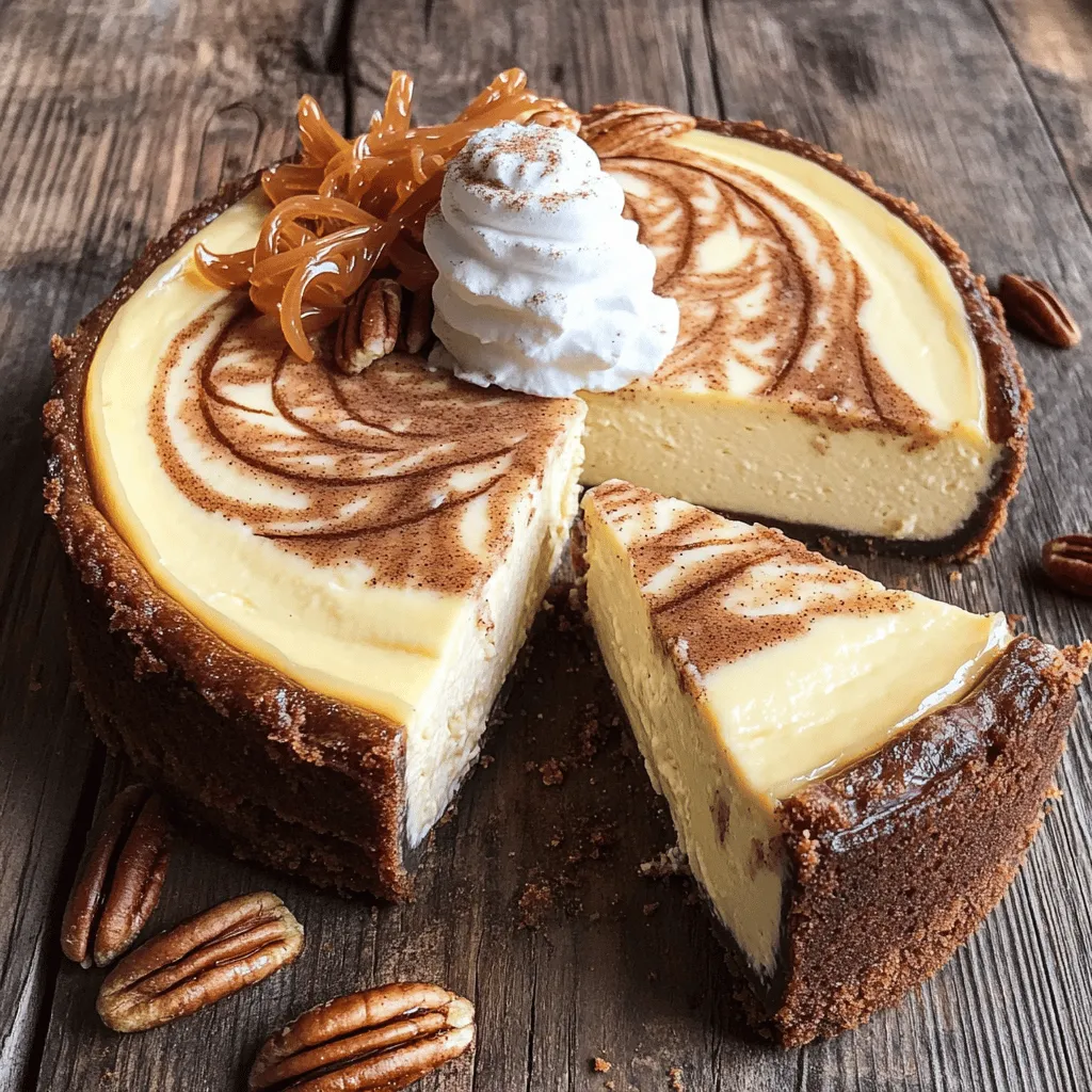 To make a cinnamon swirl cheesecake, you need several key ingredients. First, gather <strong>graham cracker crumbs</strong> for the crust. You will need <strong>unsalted butter</strong> to bind the crumbs together. Then, you need <strong>sugar</strong> for sweetness. The creaminess comes from <strong>cream cheese</strong>, which is the main part of the filling. Don’t forget <strong>eggs</strong>, as they help set the cheesecake. You also need <strong>vanilla extract</strong>, <strong>ground cinnamon</strong>, and a little <strong>nutmeg</strong> for flavor. Finally, <strong>sour cream</strong> adds richness, and <strong>brown sugar</strong> creates the swirl.” /></p>
</p>
<h2>What Variations Can You Try with Cinnamon Swirl Cheesecake?</h2>
</p>
<p>Cinnamon swirl cheesecake is a tasty treat that leaves room for fun twists. You can easily switch things up to keep it fresh.</p>
</p>
<h3>What are Some No-Bake Options?</h3>
</p>
<p>If you want to skip the oven, try a no-bake version. You just mix cream cheese, sugar, and whipped cream. Use the same crust made of graham cracker crumbs. Chill it for a few hours until it sets. You still get that creamy texture and sweet cinnamon flavor without baking.</p>
</p>
<h3>Can You Experiment with Different Flavors?</h3>
</p>
<p>Absolutely! You can add chocolate, pumpkin, or even fruit. Mixing in melted chocolate chips can give a rich twist. For a fall vibe, add pumpkin puree and spices. If you like fruit, try swirl in some raspberry or blueberry puree. Each flavor brings a new taste that pairs well with cinnamon.</p>
</p>
<h3>What Are Creative Serving Suggestions?</h3>
</p>
<p>Serving ideas can make your cheesecake stand out. You can top it with whipped cream and a sprinkle of more cinnamon. Add some caramel sauce for sweetness or chocolate drizzle for richness. You can serve it with fresh fruit or nuts for crunch. Each of these options adds to the fun and makes your cheesecake unique.</p>
</p>
<p>For the full recipe, check out the detailed steps to create this delicious dessert!</p>
</p>
<h2>What Are the Best Tips for Baking a Cheesecake?</h2>
</p>
<p>Baking a cheesecake can be tricky, but I have some great tips for you.</p>
</p>
<h3>How to Achieve the Perfect Texture?</h3>
</p>
<p>To get a smooth and creamy texture, mix the cream cheese well. Make sure it is soft before you start. This is key! Also, don’t rush when adding eggs. Mix in one at a time. This helps keep the air in, making your cheesecake light.</p>
</p>
<h3>What Common Mistakes Should You Avoid?</h3>
</p>
<p>One big mistake is overmixing the batter. This can cause cracks on the top. Another mistake is not using a water bath. A water bath helps keep the cheesecake moist as it bakes. Lastly, avoid opening the oven door too soon. This can cause the cheesecake to sink.</p>
</p>
<h3>What Tools Are Essential for Successful Baking?</h3>
</p>
<p>You will need a few tools for the best results. A springform pan is a must for easy removal. An electric mixer makes mixing faster and easier. A spatula helps you fold in ingredients smoothly. Lastly, a knife or skewer is key for swirling the cinnamon mixture in.</p>
</p>
<p>With these tips, you can bake a cheesecake that looks and tastes amazing! For the full recipe, check the details above.</p>
</p>
<p><img decoding=