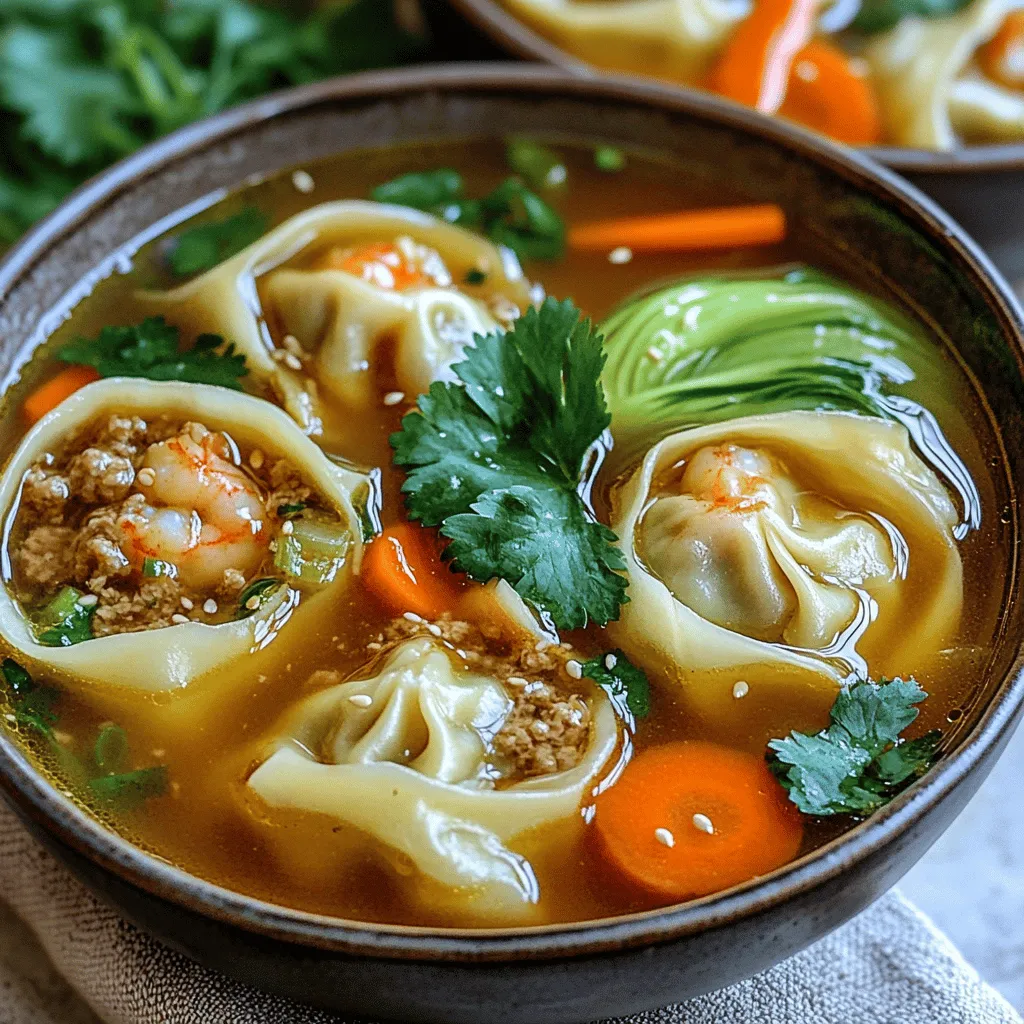 To make homemade wonton soup, you start with the right ingredients. For this soup, you need wonton wrappers, ground pork, shrimp, green onions, ginger, garlic, soy sauce, sesame oil, chicken broth, bok choy, carrots, salt, and pepper. Each ingredient adds flavor and texture, making this soup a warm treat.