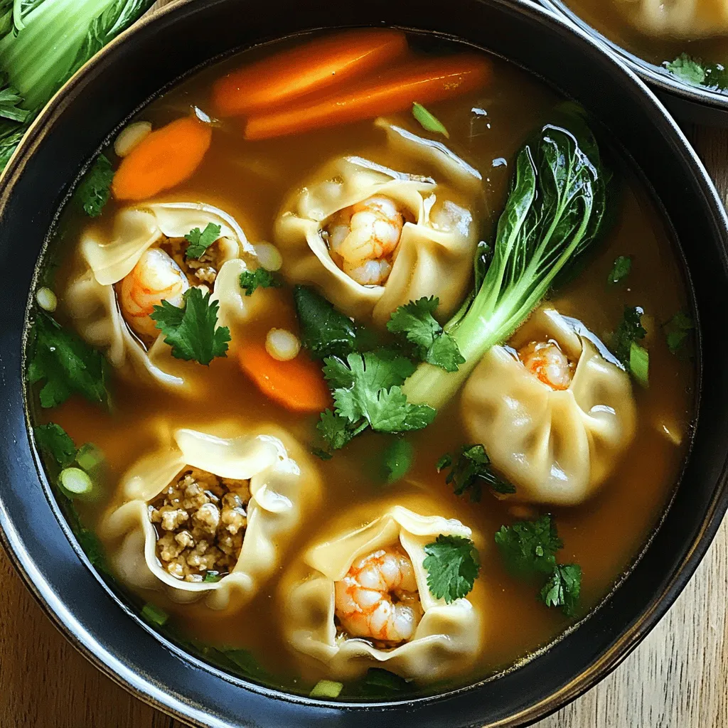 To make homemade wonton soup, you start with the right ingredients. For this soup, you need wonton wrappers, ground pork, shrimp, green onions, ginger, garlic, soy sauce, sesame oil, chicken broth, bok choy, carrots, salt, and pepper. Each ingredient adds flavor and texture, making this soup a warm treat.