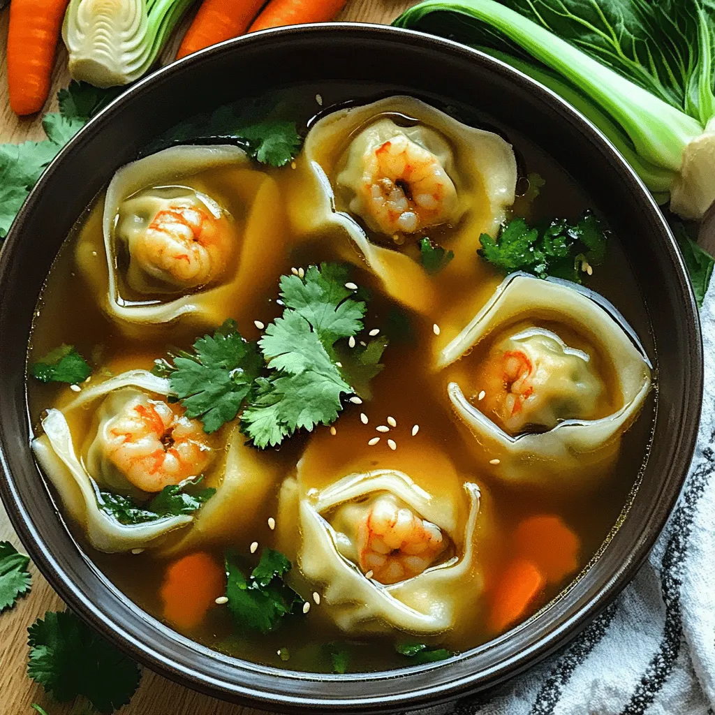 To make homemade wonton soup, you start with the right ingredients. For this soup, you need wonton wrappers, ground pork, shrimp, green onions, ginger, garlic, soy sauce, sesame oil, chicken broth, bok choy, carrots, salt, and pepper. Each ingredient adds flavor and texture, making this soup a warm treat.