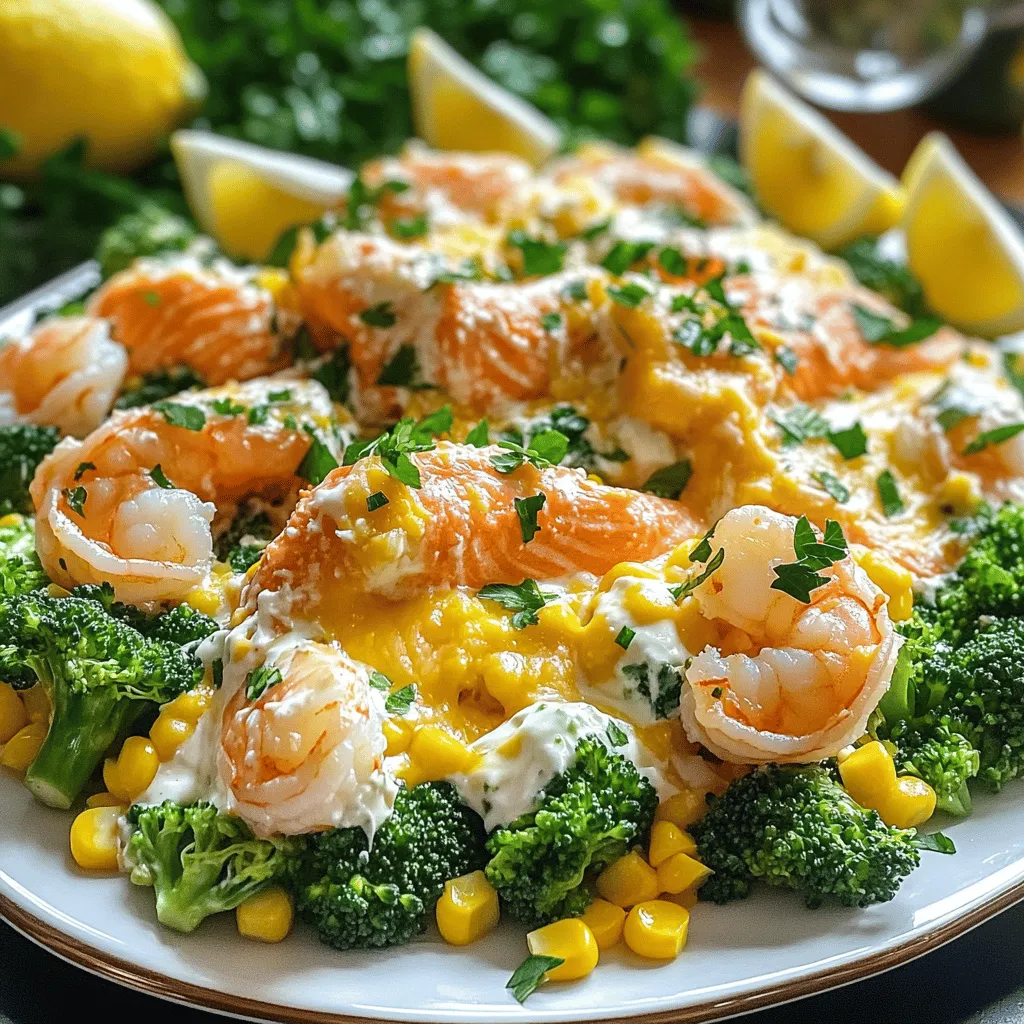 To make this dish, you need fresh salmon, shrimp, broccoli, and corn. The salmon gives a rich flavor. Shrimp adds sweetness and texture. Broccoli brings a nice crunch. Corn offers a sweet pop that balances the meal.