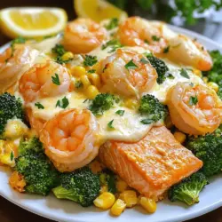 To make this dish, you need fresh salmon, shrimp, broccoli, and corn. The salmon gives a rich flavor. Shrimp adds sweetness and texture. Broccoli brings a nice crunch. Corn offers a sweet pop that balances the meal.