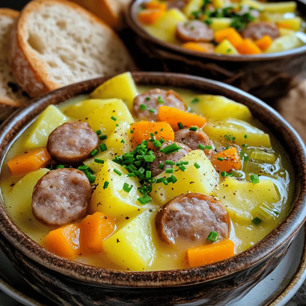 The key ingredients for this German potato soup include potatoes, sausage, and broth.