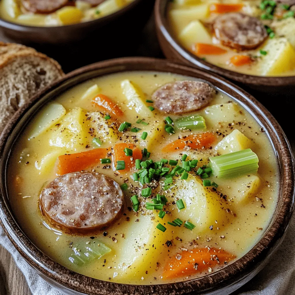 The key ingredients for this German potato soup include potatoes, sausage, and broth.